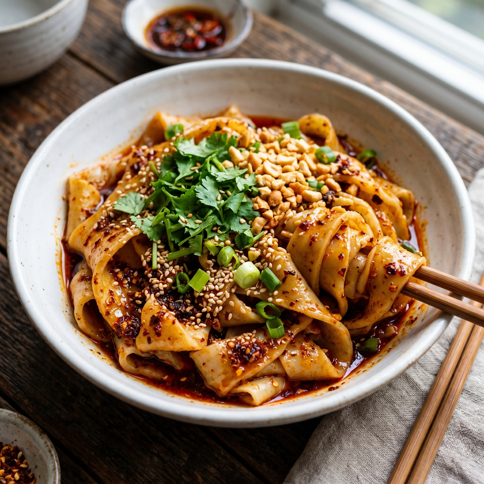 红油面皮美食照片，宽面皮挂满红亮辣椒油，撒上香菜和花生，盛在白… - 图片创意预览