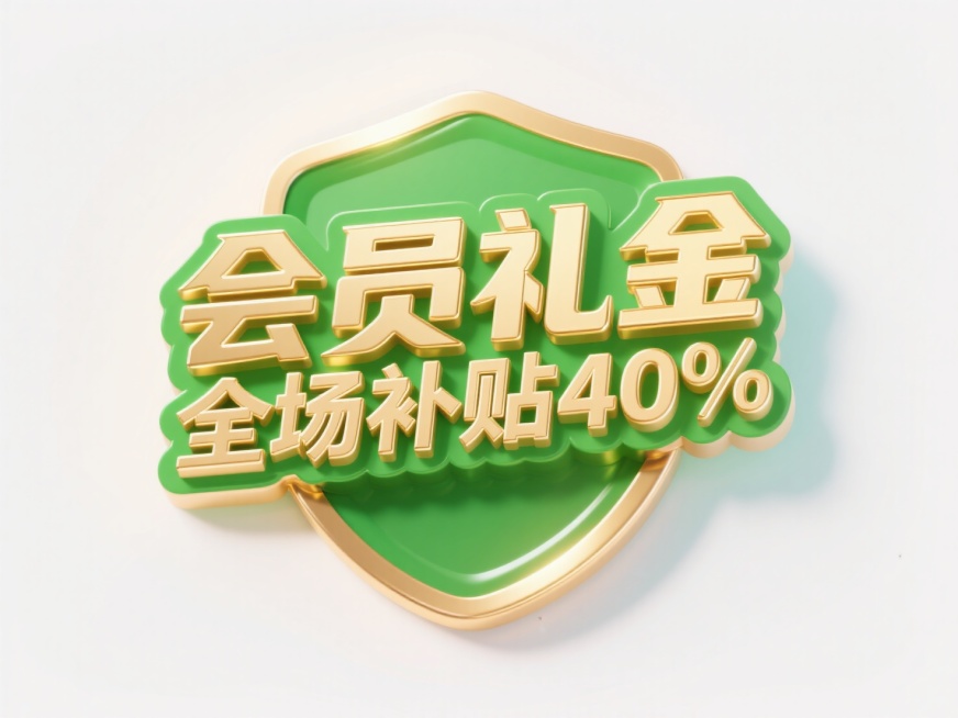 一个徽章，徽章上是金色色金属质感立体大字“会员礼金 全场补贴40%”。整体配色为绿色为主，风格活泼醒目，突出文案，背景为白色渐变预览效果