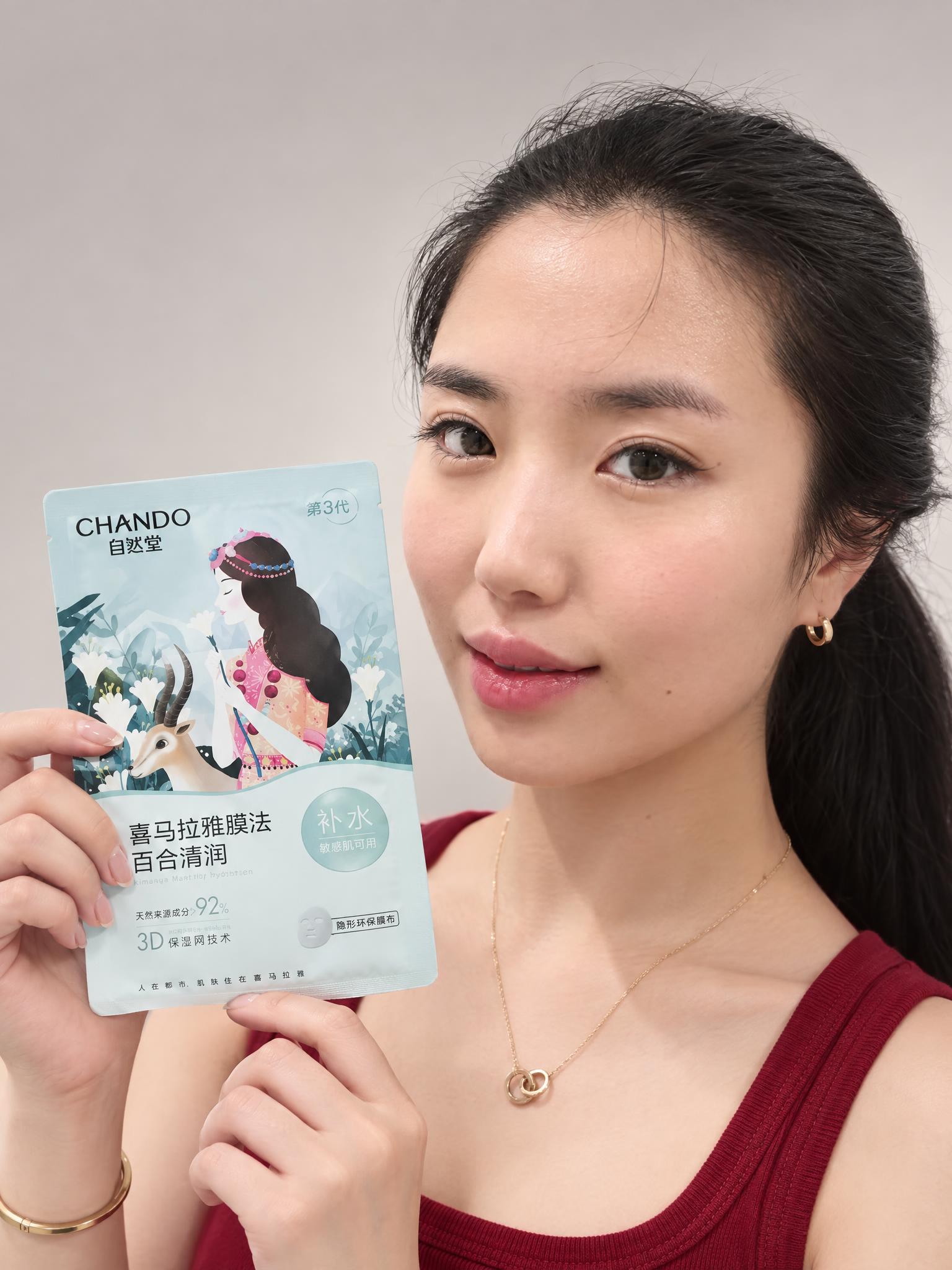 专业美妆产品棚拍，年轻东亚女性模特，黑色头发扎成低马尾，面容与… - 图片创意预览