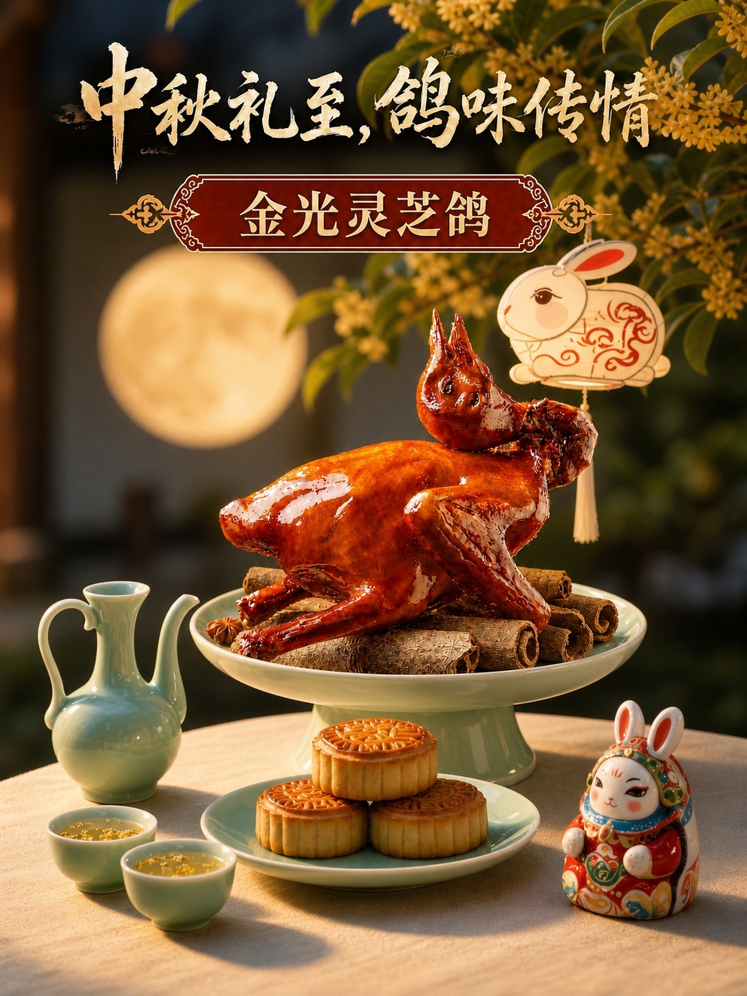 将图1中的金光灵芝鸽（红烧乳鸽，油亮琥珀色脆皮，完整保留鸽子的… - 图片创意预览