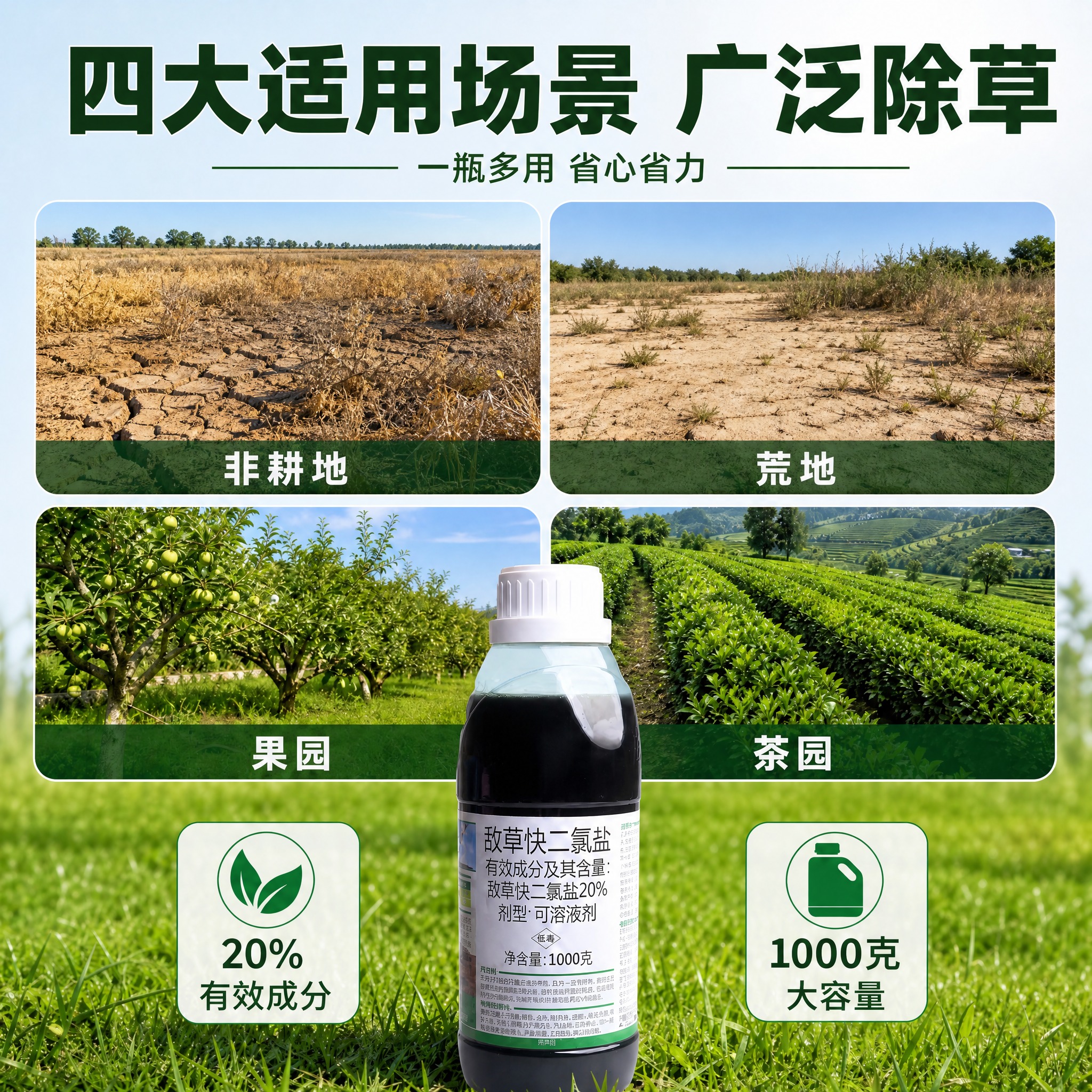 [主图-3修改版] 敌草快二氯盐除草剂 适用场景版，主题为四大… - 图片创意预览