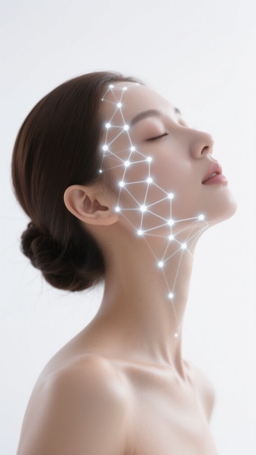 侧脸向上扬起的女性，双眼轻闭，深棕色头发优雅挽成低发髻，面部覆盖着由发光线条构成的网格，网格节点处有闪烁的白色光点，肌肤呈现出极致细腻、光滑、通透的质感，整体画面采用纯净的白色背景，光线柔和均匀地洒在人物轮廓上，营造出科技感与自然美的完美融合，突出皮肤的健康光泽与精致纹理，氛围宁静、高端且富有未来感。预览效果