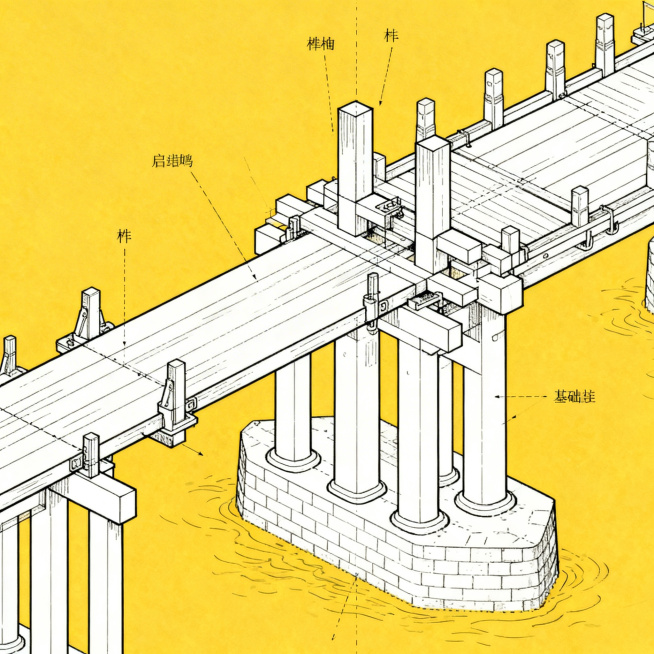 古代建筑工程结构技术示意图，主题是潮州广济桥所运用的启闭式浮桥结构技术，清晰展示榫卯拼接、桥墩设计和浮桥连接的技术细节，整体采用黄白配色，简洁专业的工程示意图风格，突出结构原理预览效果