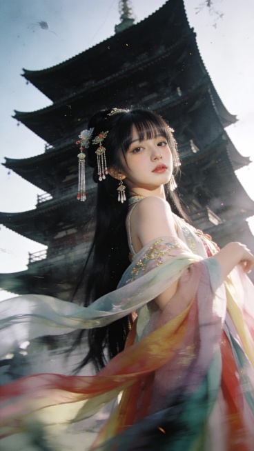 超现实主义写真摄影，伦勃朗光，一位长发及腰、模样似洋娃娃般可爱的女生，纯欲风格，黑色长发，元气，薄薄的刘海，站在高高的古建筑下，胶片摄影效果，慵懒姿态，情绪氛围感拉满，奇特视角，慢快门，朦胧美学，层次预览效果