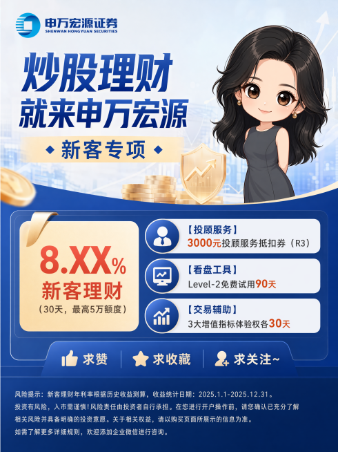 制作申万宏源证券新客理财推广海报，左上方放置申万宏源证券logo，右侧放置Q版卡通人物，海报主文字内容为"炒股理财就来申万宏源
新客专项：
8.XX%新客理财（30天，最高5万额度）
【投顾服务】30预览效果