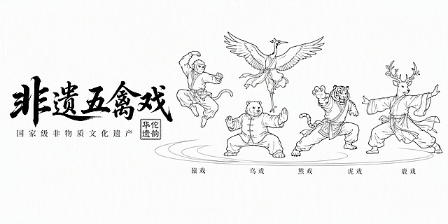 非遗五禽戏横版组合式LOGO黑白简化线稿版，纯白背景，纯黑色线条风格，无任何色彩填充，只有轮廓线。整体横向布局，左侧为文字，右侧为五个拟人化武术角色图形。右侧图形部分：五个角色一字错落横向排布，不重叠遮挡，高低错落形成起伏流动的视觉节奏，底部有细浅的太极弧线作为隐性衬线。熊：马步扎稳，敦厚居中偏下，传统唐装。虎：弓步出爪，力量感十足，位于熊的右方，武术劲装。鹿：大开弓步，身姿舒展，居于虎的斜上方，古风汉服，鹿角带梅花细节。猿：单腿腾跃，机敏灵动，居于熊的左上方，短打武衣。鹤：单足立地、双翼舒展，居于猿与鹿中间最高处，飘逸武服。全部形象转为单色线条，去除色彩，只保留轮廓和动作细节。左侧文字部分横版排布：主标题"非遗五禽戏"粗犷行书书法字体，黑色线条，字号最大；主标题右下角加盖一方方形篆刻印章线条，印文"华佗遗韵"；主标题下方细宋体小字"国家级非物质文化遗产"。五个角色图形下方一一对应标注小字：虎戏、鹿戏、熊戏、猿戏、鸟戏，细宋体线条。黑白线稿风格，可直接用于雕刻烫金水印印章印刷，高清精致，矢量线条感，LOGO标识