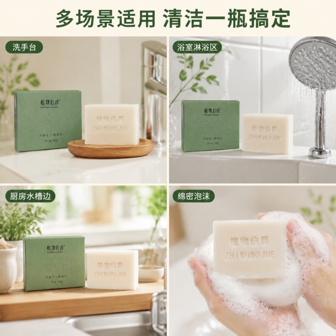 [主图-4] 植物伯爵手工精油皂多场景适用宫格图
[氛围风格] 生活化展示，实用温馨氛围感
[画质] 商业摄影质感、光线柔和通透、产品清晰真实、画面干净高级
[元素] 画面四宫格展示手工皂不同使用场景预览效果