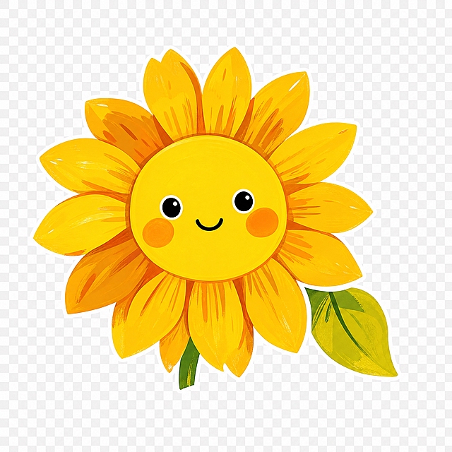 提取图中右下角带笑脸的小向日葵元素，黄色花瓣上有可爱的笑脸表情，单独提取出来，背景透明，清晰的平面插画风格，保持原图的手绘质感和色彩