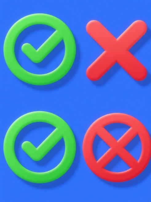 极简风格图标设计，四个符号呈2x2网格对称排列，纯蓝色背景。左上角为绿色勾选符号，线条圆润流畅，边缘有轻微高光效果；右上角为红色叉号符号，同样圆润线条，立体感强；左下角为绿色圆形内带绿色勾选符号，圆形边框与勾选符号颜色一致；右下角为红色圆形内带红色叉号符号，圆形边框与叉号符号颜色统一。所有图标均为平面设计，无渐变，无阴影，色彩鲜明，轮廓清晰，整体构图平衡对称，视觉层级明确，信息传达高效直接。预览效果