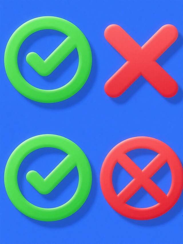 极简风格图标设计，四个符号呈2x2网格对称排列，纯蓝色背景。左上角为绿色勾选符号，线条圆润流畅，边缘有轻微高光效果；右上角为红色叉号符号，同样圆润线条，立体感强；左下角为绿色圆形内带绿色勾选符号，圆形边框与勾选符号颜色一致；右下角为红色圆形内带红色叉号符号，圆形边框与叉号符号颜色统一。所有图标均为平面设计，无渐变，无阴影，色彩鲜明，轮廓清晰，整体构图平衡对称，视觉层级明确，信息传达高效直接。