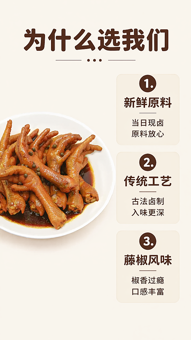 商品名称为藤椒鸡爪，古法老卤藤椒口味才更香，配料做减法，健康做加法，天然香辛料，古法老手艺，采用新鲜鸡爪，先煮后卤， 软糯Q弹，口感丰富，用料十足生成详情页适配淘宝/天猫平台，单图比例为9:16，需求屏数为8张。「图片1」「图片1」「图片1」「图片1」