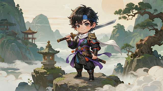 修正作画错误，给衣服添加更多细节纹理，给头发添加发丝细节，给眼睛添加更多精致细节，保持原有的二次元Q版武侠风格不变，保留整体构图和色彩