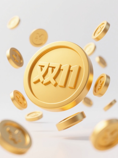 3D风格的金币悬浮与旋转的场景，主色调为金黄色系，带有细腻的金属光泽和高光反射，光源从上方照射形成柔和阴影，金币边缘有轻微的圆角处理和厚度感，中心金币最大且位于画面中央，表面刻有“双11”字样，周围环绕多枚大小不一的金币呈现动态散落效果，背景为纯白色纯色背景，整体构图简洁明快，营造出喜庆热闹的氛围，无任何文字、logo、水印及额外装饰元素。预览效果