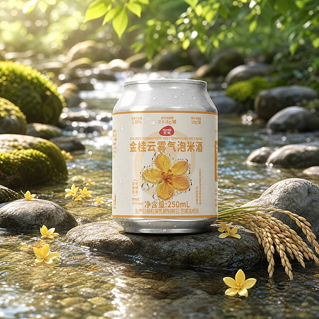 清澈的小溪流自然户外场景。天优金桂云雾气泡米酒罐立在溪边光滑的浅灰色鹅卵石上，周围有潺潺流动的清澈溪水、翠绿的青苔和小石子，溪水清澈见底能看到水底的细沙，溪边散落着几朵金黄色的桂花和几支稻穗。阳光透过头顶的树叶洒下斑驳的光影。产品米白色罐身保持原样，包装上的所有文字、图案、logo细节清晰完整不变，罐身有细微的水珠增加清凉感。自然清新风格，高端商业摄影质感，自然光照明，画面通透。画面纯净无任何额外文字。正方形构图，1:1比例。