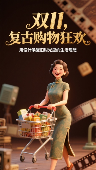 以复古旧电影海报风格呈现双11，背景是深棕色，带有一些模糊的旧电影胶片纹理。海报中间是一位穿着复古旗袍的女性，她手持一个装满商品的购物篮，脸上洋溢着幸福的笑容。海报上方用金色的复古字体写着“双11，复预览效果