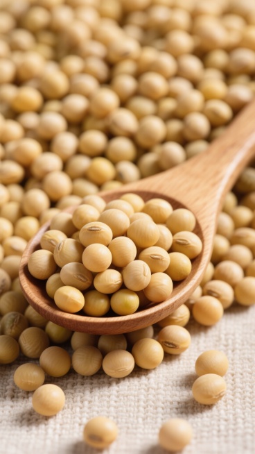 超写实摄影风格，大量饱满圆润的黄豆作为背景，浅黄至金黄色的主色调，柔和自然的顶侧光，清晰的高光与柔和阴影，展现黄豆光滑细腻的表面质感与自然光泽，特写镜头聚焦于一个装满黄豆的浅棕色木质小勺子，勺子边缘光滑，木纹清晰可见，黄豆紧密排列于勺子内外，背景黄豆形成自然的密集堆积效果，底部铺有纹理细腻的浅米色麻布，整体画面温暖、真实，突出食材的新鲜与原生态质感。预览效果