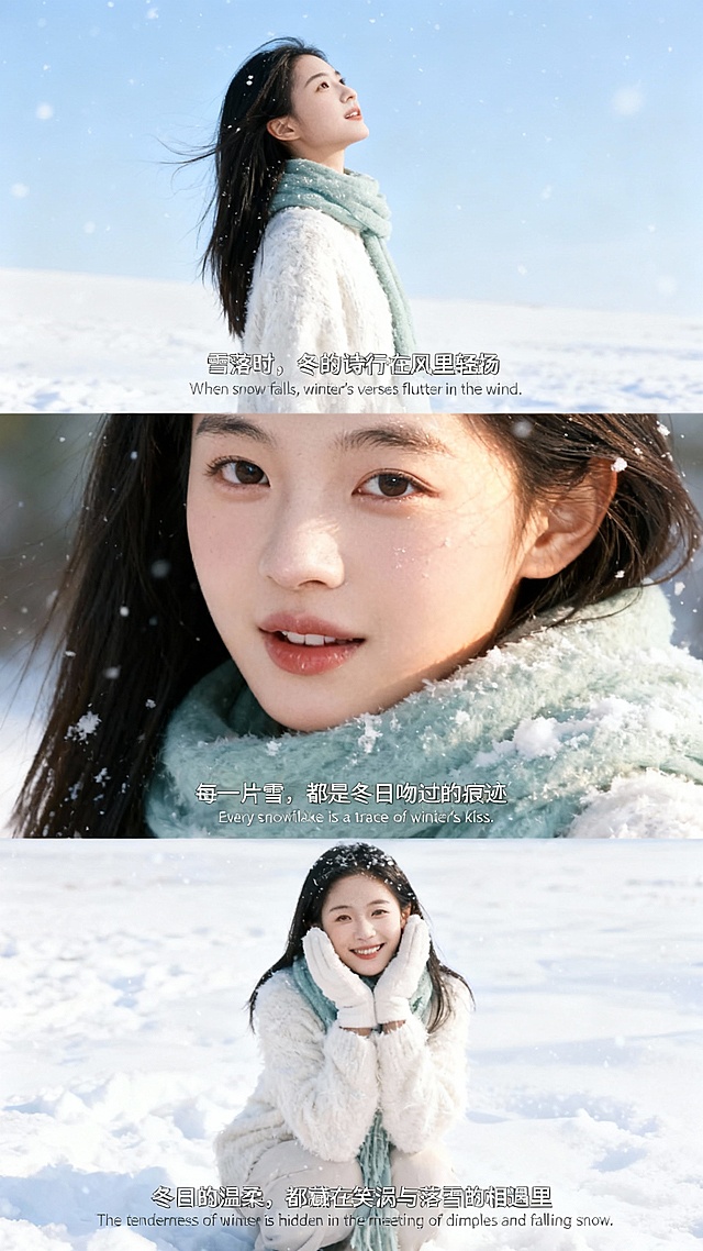冬日雪景中，少女笑靥如花，柔光轻洒，胶片风与杂志风交织，唯美感与梦幻感交融，光影细腻，文艺浪漫，尽显清新温柔。