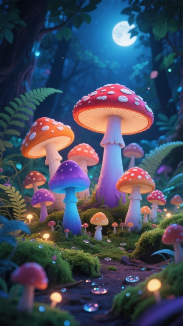 一群造型各异的奇幻蘑菇，有的顶着橙红色带白色斑点的伞盖，有的呈现出渐变的蓝紫色菌柄，生长在夜间的魔法森林中，周围环绕着散发着柔和荧光的苔藓和蕨类植物，月光透过茂密的树叶洒下斑驳的光影，地面上点缀着闪烁的露珠和发光的小蘑菇，整体画面充满神秘梦幻的氛围，采用童话插画风格，色彩鲜艳明快，细节丰富，构图聚焦于蘑菇群，背景虚化处理。预览效果