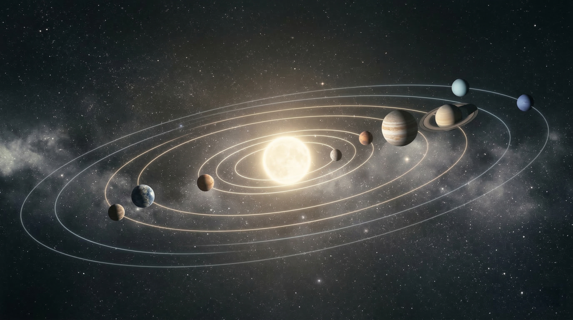 照片级写实科幻，极简宇宙美学，太阳系八大行星沿清晰发光轨道围绕太阳运行，超广角深空全景，锐利硬边光，高对比明暗光影，宏大宇宙尺度，史诗级压迫寂静，肃穆紧张感，低饱和柔和色调，IMAX 70mm胶片拍摄预览效果