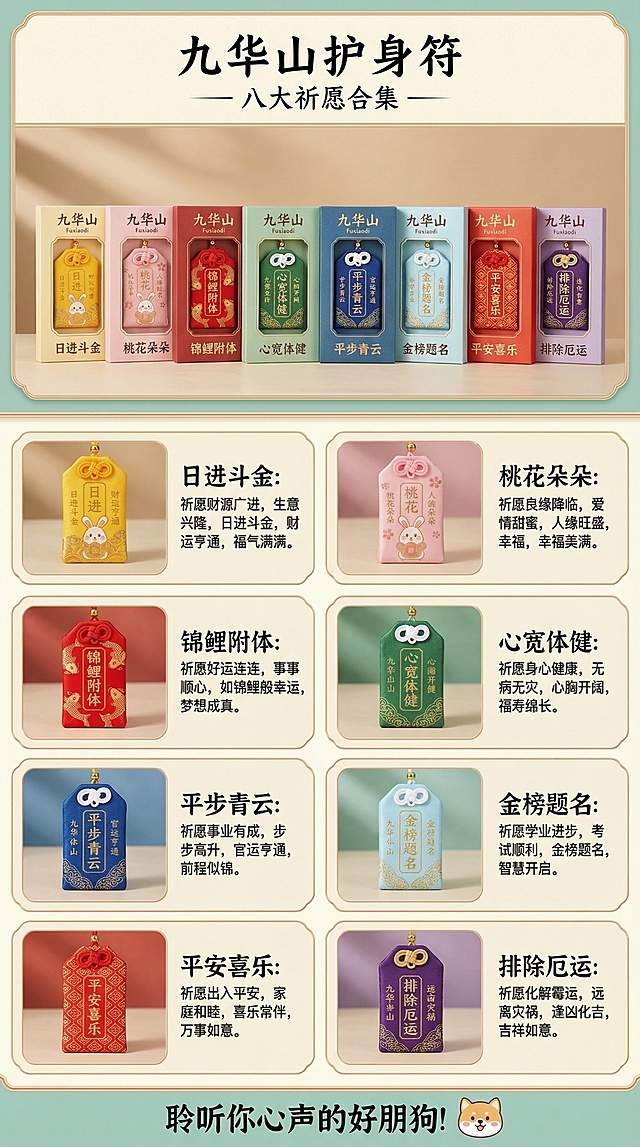 九华山护身符商品详情页，整体国风清新风格，顶部展示所有款式护身符合集，包含日进斗金、桃花朵朵、锦鲤附体、心宽体健、平步青云、金榜题名、平安喜乐、排除厄运共8种款式，中部逐个展示每个护身符的细节图，搭配对应祈愿功效的文字说明，底部标注品牌 slogan「聆听你心声的好朋狗！」，整体配色柔和，排版清晰美观，符合电商商品详情页规范