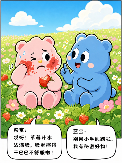 漫画分镜第二格，意外小麻烦，两只小熊坐在花丛里，粉宝（粉色小熊）大口啃完甜甜的草莓，嘴边沾满果汁，鼻尖还蹭上花粉，皱起小脸蛋，小手胡乱蹭脸越擦越干，蓝宝（蓝色小熊）在一旁看着，卡通可爱风格，色彩明亮，预览效果