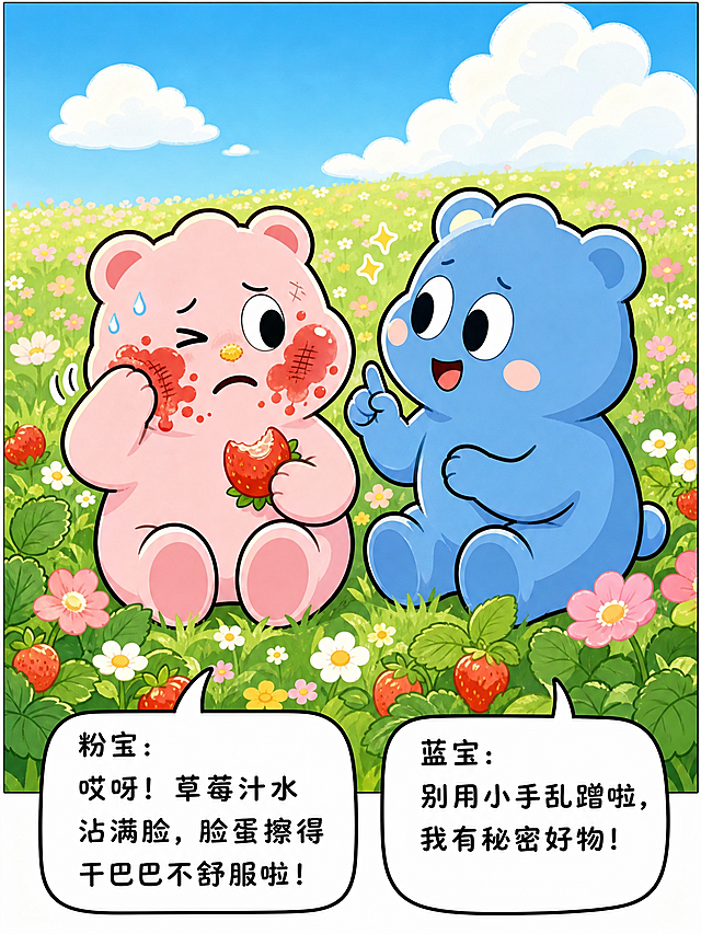 漫画分镜第二格，意外小麻烦，两只小熊坐在花丛里，粉宝（粉色小熊）大口啃完甜甜的草莓，嘴边沾满果汁，鼻尖还蹭上花粉，皱起小脸蛋，小手胡乱蹭脸越擦越干，蓝宝（蓝色小熊）在一旁看着，卡通可爱风格，色彩明亮，画面下方配台词：粉宝：哎呀！草莓汁水沾满脸，脸蛋擦得干巴巴不舒服啦！蓝宝：别用小手乱蹭啦，我有秘密好物！，参考图1中粉色小熊和蓝色小熊的形象绘制