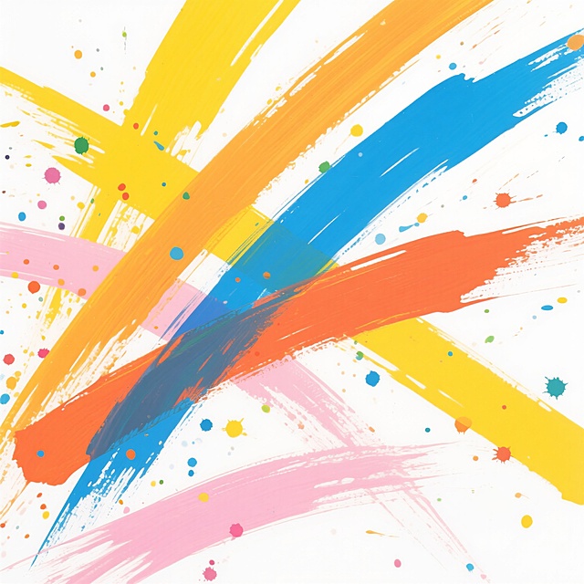 一幅充满活力的抽象画作，画面中心由几条主要的、相互交错的彩色笔触构成，色彩包括明亮的黄色、鲜艳的蓝色、温暖的橙色和柔和的粉色。笔触呈现出明显的方向性，从左上角向右下角倾斜延伸，形成动感的视觉效果。笔触边缘带有自然的毛躁感和飞白，周围散布着许多细小的、随机分布的彩色墨点和飞溅痕迹，增强了画面的灵动性和艺术张力。整体构图饱满而不失平衡，色彩对比强烈且和谐统一，营造出欢快、奔放、充满创造力的氛围。画面背景为纯白色，使得彩色笔触更加鲜明突出。笔触质感改为光滑细腻的亚克力颜料效果，色彩过渡均匀柔和，带有轻微的光泽感，同时保留笔触的形态和飞溅墨点的细节。