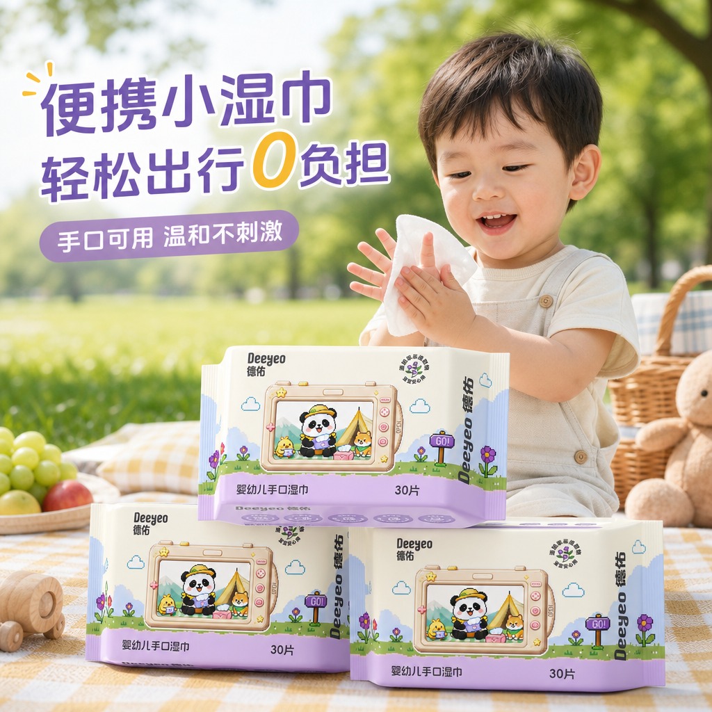 电商主图，1:1正方形，德佑婴幼儿手口湿巾产品（包装为米白色+… - 图片创意预览
