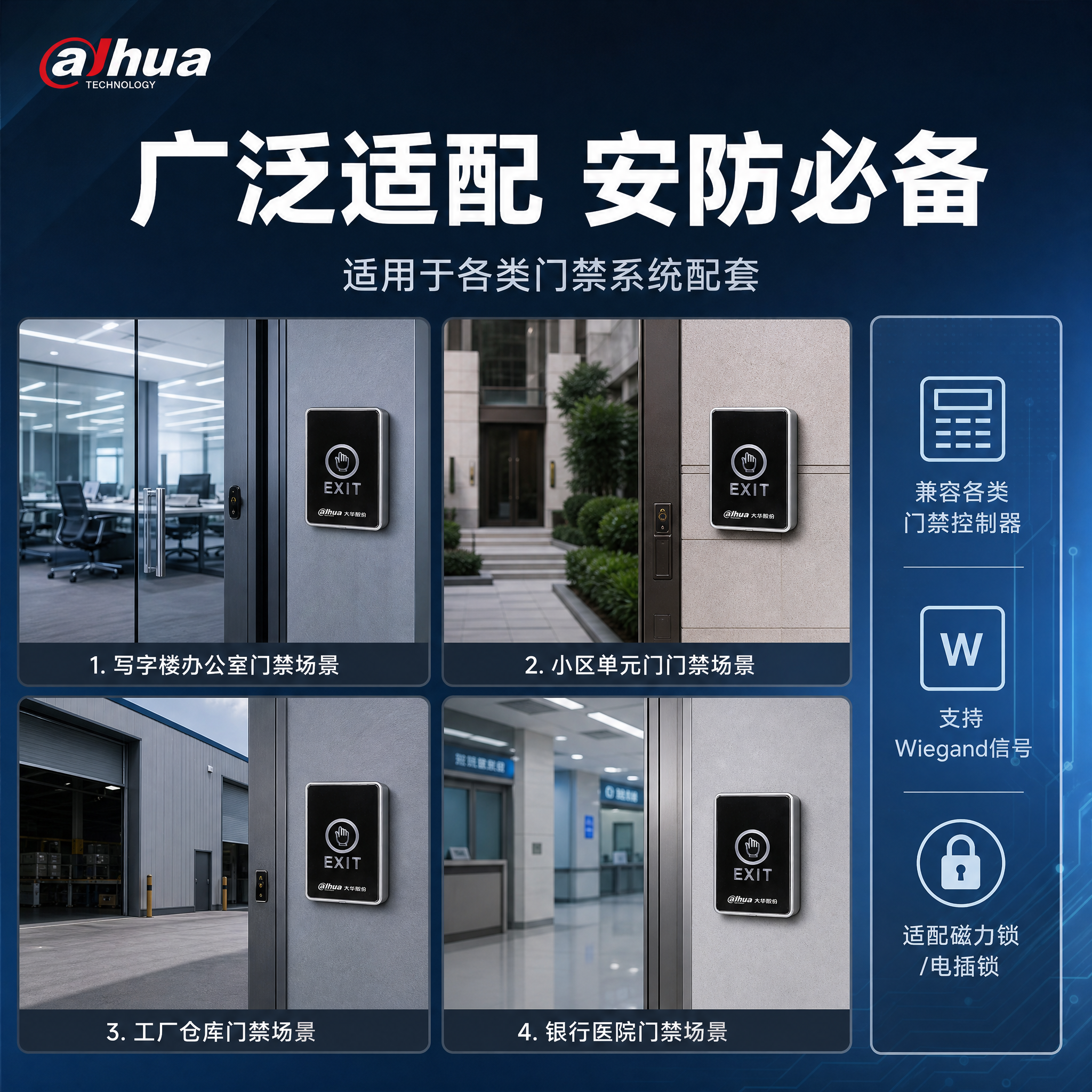 门禁出门按钮适用场景图，展示产品安装使用场景。报警行业深蓝银灰… - 图片创意预览