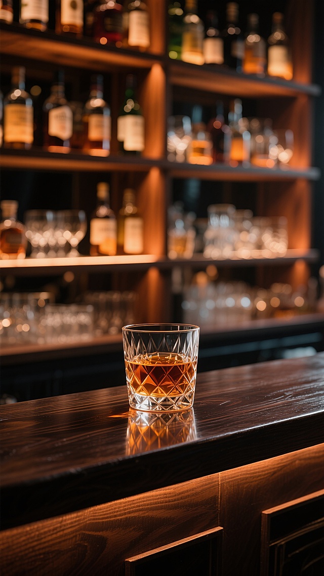 一个装有琥珀色威士忌的菱形切割水晶杯置于深色木质酒吧台面上，杯壁折射出酒液的光泽，台面有细腻的木纹和杯底倒影。背景是多层木质酒架，摆满各式酒瓶和玻璃杯，整体保持暗调氛围但光线改为柔和的暖橙色侧光，从左前方照亮酒杯，在杯身形成明显的高光和渐变阴影，酒架后方的酒瓶和杯子呈现出朦胧的散景光斑，营造出温馨而略带神秘的夜晚酒吧情调，画面具有高清晰度和真实的材质质感。