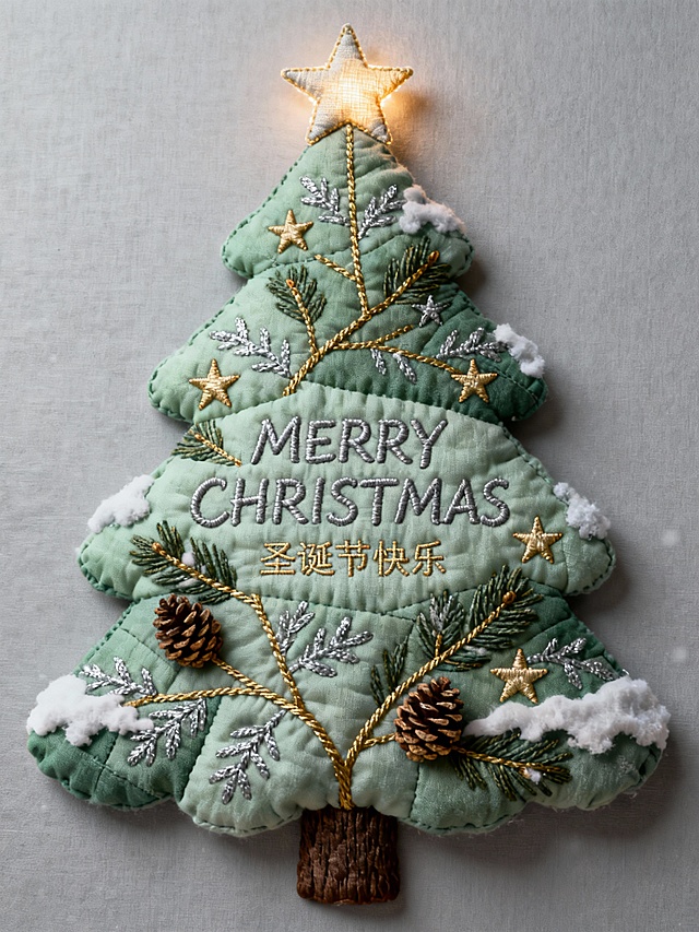 画面中心呈现一棵精巧的纺织艺术圣诞树，延续英国艺术家Mister Finch的创作灵感。树体以淡绿色织物拼接出立体蓬松的质感，表面刺绣勾勒出金色枝条与隐约闪烁的银雪纹样，枝叶间点缀细腻的松果与星星绣饰。树顶装饰一颗柔软的织物星星，散发温暖微光。背景选用浅灰色，突出手工质感与柔和色调。画面采用3D渲染技术，细腻呈现织物纹理与自然光影，营造古朴而梦幻的节日氛围。中央搭配手写风格艺术字体“MERRY CHRISTMAS”，下方绣线质感小字书写“圣诞节快乐”，整体传递温暖祝福与自然交融的艺术语言。