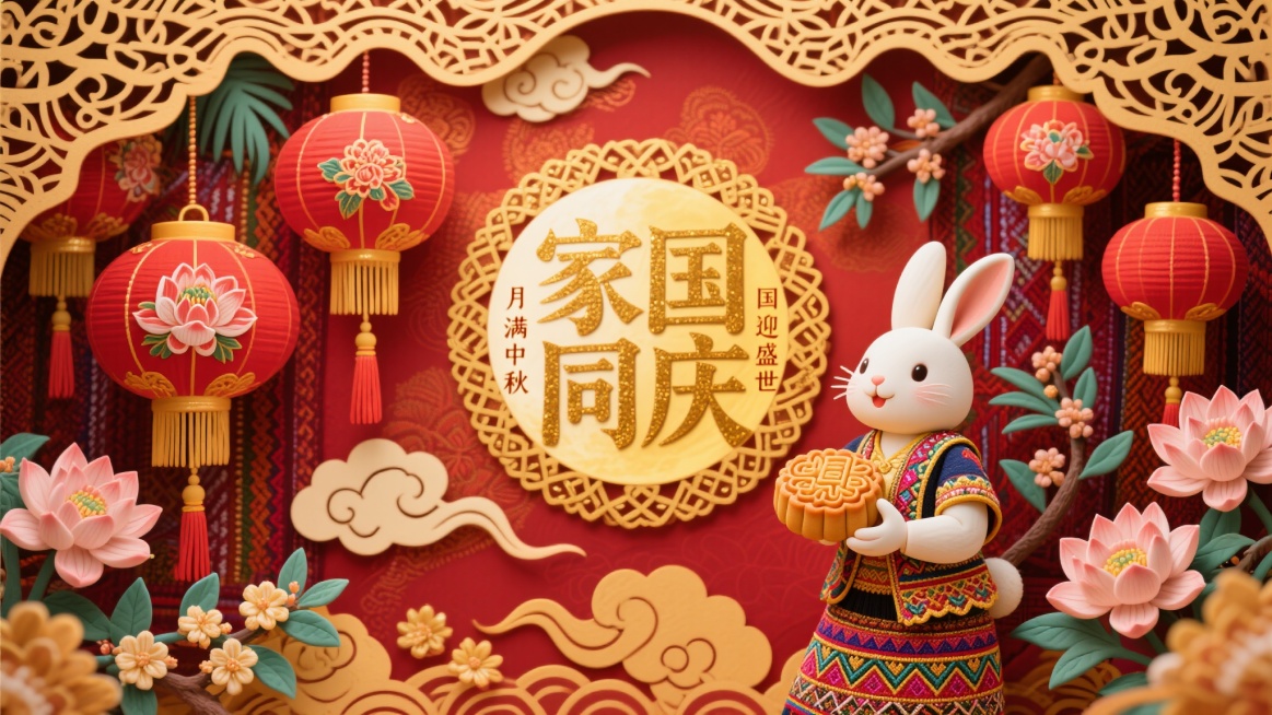 非遗材质融合，傣锦织锦背景，中国红到金黄渐变，带热带花卉祥云图案与面塑肌理，边缘剪纸波浪纹；剪纸红金灯笼群，面绘傣锦莲花祥云，穗子面塑流苏，傣锦彩带，绣剪纸玉兔剪影，剪纸桂树枝；面塑玉兔，身饰傣锦花纹预览效果