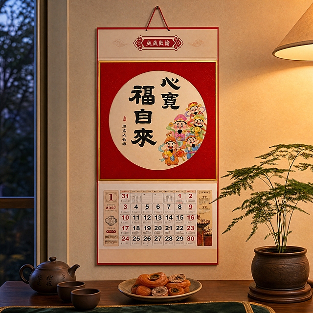 超写实室内静物摄影。
主体：挂历严格参照上传产品图，完整保留所有可见组件、部件、轮廓、结构、比例、材质、颜色与产品本体上的文字信息，与上传图完全一致；自然融入场景光影，与场景共处同一物理空间。产品占画面60%~70%，完整不裁切，近景构图，镜头贴近产品，作为画面最前景的绝对视觉主导充满画面，背景无其他同类产品。
构图与陈列方式：正面平视，挂历通过红色挂绳悬挂于墙面，平整贴墙，倾斜≤2°，下方搭配客厅边几顶部局部作为呼应家具。
风格：新中式。
场景概念：客厅沙发旁墙面，傍晚暖灯映照的休闲角落。
承载与背景：①背景墙，浅米色乳胶漆墙面，细腻哑光；②下方边几顶面，胡桃木实木材质，深棕木纹。
陪衬物：①边几左侧，一只紫砂小茶壶配两个品茗杯，深褐紫砂质感；②边几中央，一盘柿子干果，橙红色；③边几右侧，一小盆文竹，翠绿叶片；④边几前方，一块墨绿丝绒桌垫局部。
配色：主色调60%米白 + 辅助色25%胡桃棕 + 点缀色15%中国红/紫砂褐/翠绿；画面实际颜色5种：米白/胡桃棕/中国红/紫砂褐/翠绿。
材质：画面实际材质5种：纸质/烫金金属/实木/紫砂/丝绒织物。
光影：主光从右上方暖黄台灯照射，暖光铺满挂历正面；辅光为左侧窗户外微弱暮色蓝光补光，挂历边缘有微弱轮廓光切分造型；承载面柔和投影边缘柔和不锐利，纸质表面细腻哑光反光，烫金部分呈现温润金属高光。
参数：4K，写实光追。严格锁定宽高比为1:1。