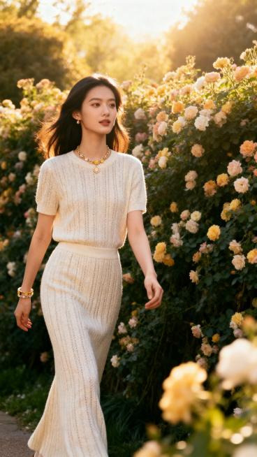 春日时尚穿搭全身照摄影，年轻女性穿着浅色系春装，质感针织面料优雅长裙，搭配春日饰品，站在花墙花海前景，自然姿态，金色阳光洒落，时尚杂志风格，高级质感，专业时装摄影，浅景深效果，慢步向前行走姿势预览效果