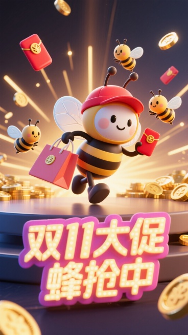 主视觉为带着红帽子的蜜蜂提着购物袋冲出画面，背后跟着3只拿着红包袋的小蜜蜂，正面视角，背景金币、红包、放射线点缀，画面下方为3D文字灯牌“双11大促 蜂抢中”预览效果