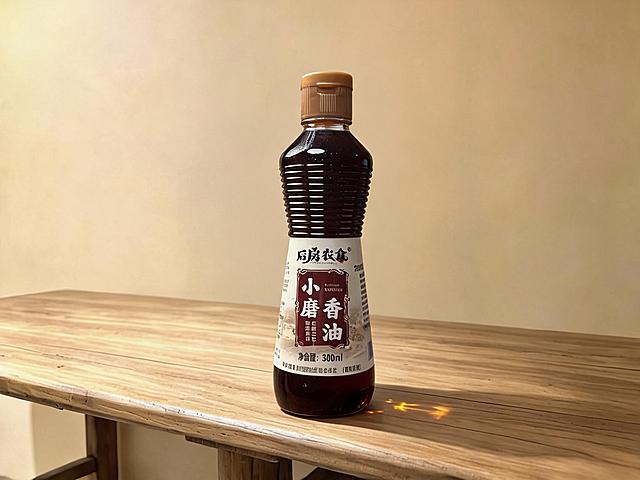 将图1中的菜籽油产品替换为图2中的小磨香油产品，保持图1的场景、光线、构图和透视角度不变，香油瓶自然放置在木质桌面上，与环境光影融合自然，产品清晰完整