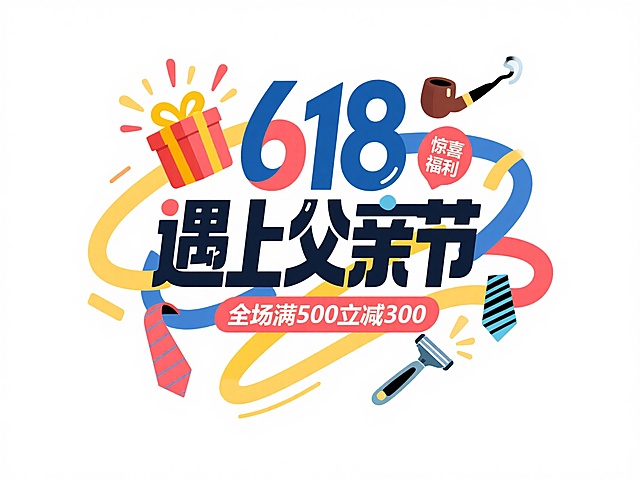 中间“618 遇上父亲节"，标签“惊喜福利”，底部文案"全场满500立减300"，穿插礼盒迸发特效和领带、烟斗、剃须刀等父亲节元素，白色背景