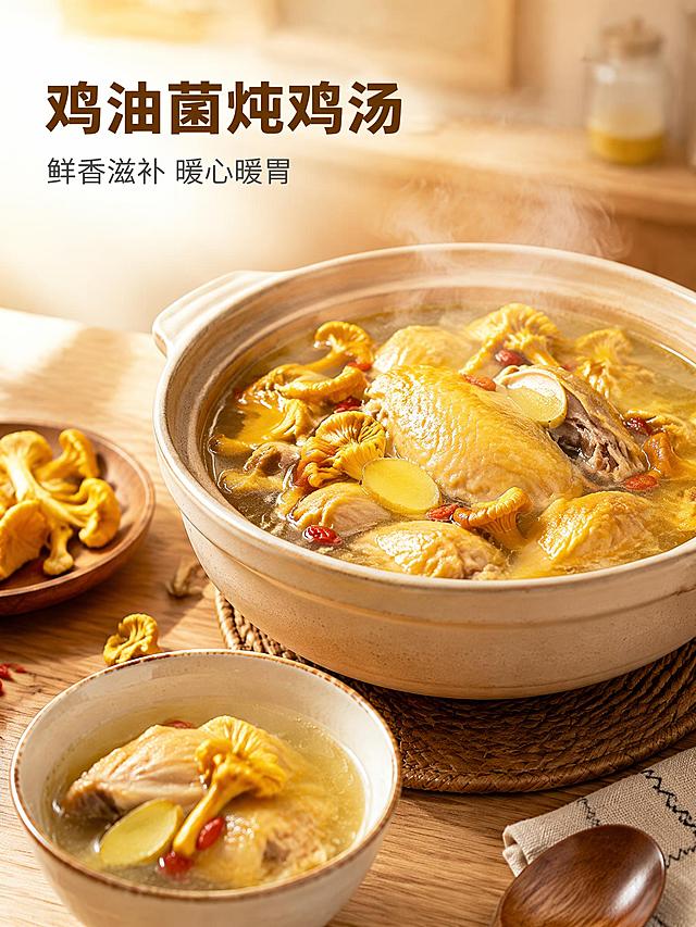 [鸡油菌炖鸡汤电商图] 简约真实 家常炖汤场景。
[氛围风格] 简约高级 温馨真实 滋补养生感 极致还原真实。
[画质] 商业摄影质感 超高清 光线柔和温暖 画面真实通透 细节丰富。
[元素] 画面中央偏右摆放一砂锅鸡油菌炖鸡汤 砂锅内汤色金黄清亮 汤中有整鸡块和多朵金黄饱满的鸡油菌 鸡油菌菌盖完整 颜色金黄 保持鸡油菌外观颜色形态与输入产品图完全一致 杜绝变形和色差。汤面冒着袅袅热气 汤中可见姜片 枸杞点缀。砂锅旁放一碗盛好的汤 汤碗内有鸡肉和一朵鸡油菌。背景为浅木色餐桌 远处虚化的厨房背景和暖光 营造温馨居家炖汤氛围。商品主体（砂锅鸡汤+鸡油菌）占比约65% 画面满屏无边框。
[光影] 暖调自然光从左侧照入 光线柔和温暖 汤面有明亮金黄高光 鸡油菌表面呈现通透油亮质感 热气在光线下清晰可见 砂锅底部有柔和阴影 整体温暖真实 有滋补养生感。
[配色] 主色调暖金色 米白色 辅助色浅木色 红色（枸杞） 整体暖调和谐 简约高级。
[视角构图] 45度俯视偏平视视角 砂锅为视觉中心 汤碗做前景增加层次 景深中等 背景虚化突出主体。
[文字版式] 左上负空间左对齐留安全边距 两行主辅文案。大字主标题"鸡油菌炖鸡汤" 深棕色最大号粗体；辅助文案"鲜香滋补 暖心暖胃" 中灰色约半高 细体。文字简约清晰 不遮挡主体。
[输出要求] 3:4比例 文字清晰锐利 超高清真实商业摄影质感。
[负向提示词] 变形 文字错乱 产品模糊 背景杂乱 水印 电商平台Logo 多余手指 手部扭曲。