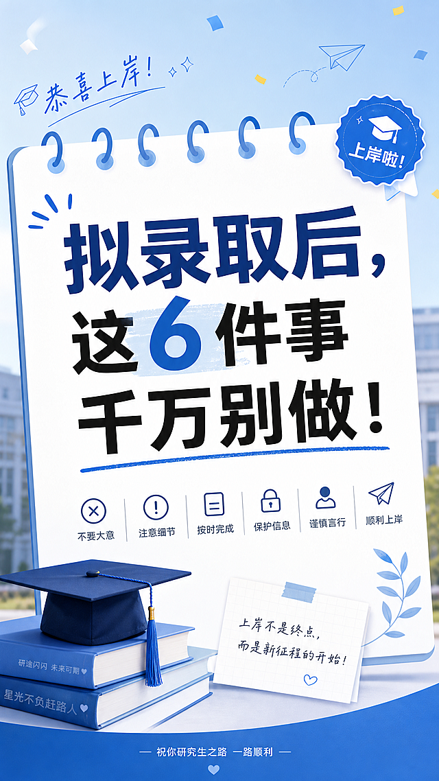 小红书风格教育科普封面图片，标题文字“拟录取后，这6件事千万别做！”，清新稳重的蓝白配色，简约设计，研究生升学上岸主题，排版清晰醒目，整体正式又轻松的氛围，包含恭喜上岸的元素