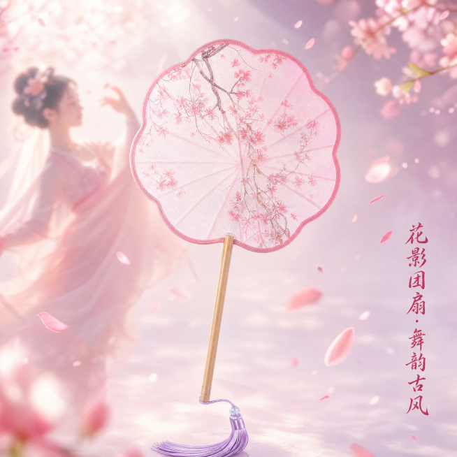 [主图-1] 古风花影团扇首图展示。[氛围风格] 中国古风唯美风格，整体色调柔美梦幻，仙气十足；[画质] 商业摄影质感，光线柔和通透，产品清晰真实，画面干净高级。[元素] 画面中央展示八瓣花型团扇，扇预览效果
