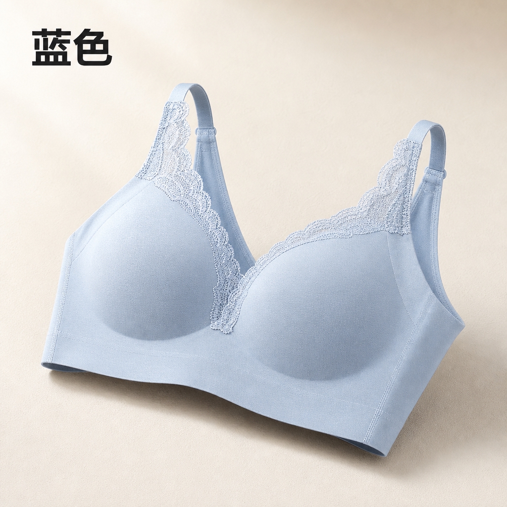 基于参考图中的蕾丝边无痕美背内衣，生成蓝色款SKU单品展示图。… - 图片创意预览