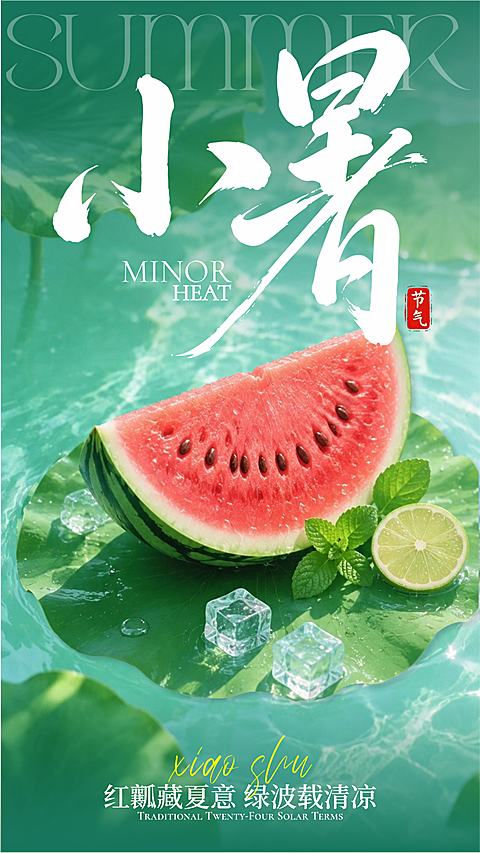 小暑节气祝福通用清新夏日风全屏竖版海报