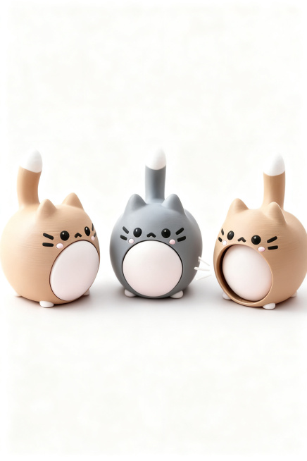 跨境电商主图，创意猫咪弹蛋解压慢回弹摆件，简约纯白背景，产品整体展示，突出趣味搞怪造型，2:3主图构图，高清商业摄影预览效果