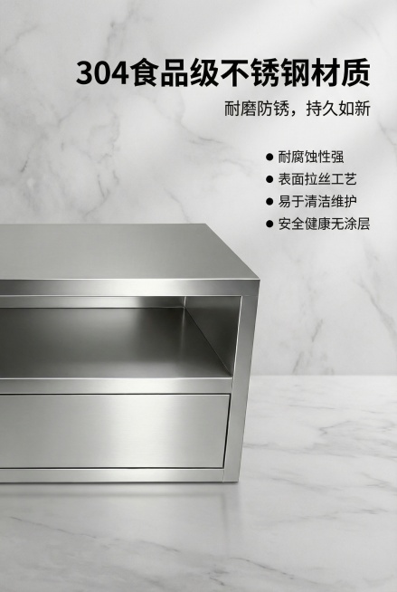 2:3竖屏，严格还原上传的不锈钢储物柜产品图，包括金属拉丝质感、开放式储物格、隐藏式抽屉等所有细节，产品外观必须与参考图完全一致，不得改变包装设计、配色方案或结构元素，保持不锈钢的真实高光金属质感。材预览效果