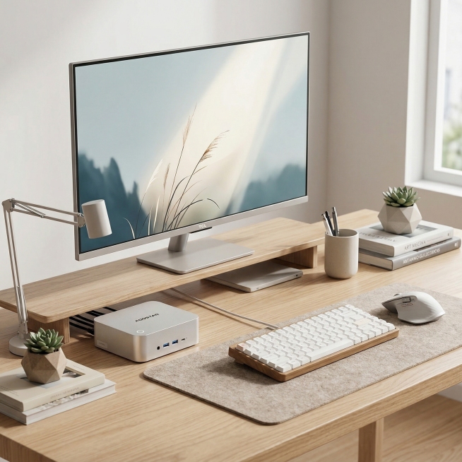 生活化极简风格Minimalist Desk Setup桌面场景，包含MACO 470迷你主机、4K TCL显示器、桌搭摆件和无线键鼠，整体简约干净，产品摆放自然，生活化桌面氛围预览效果