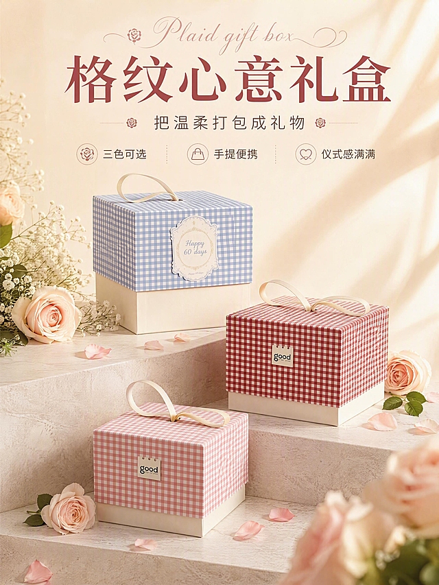 [商品] 使用【图1】格纹手提礼品盒三色全家福；保留雾霾蓝、复古红、樱花粉三款的方形盒体、白色底座、米白缎面手提带、格纹图案、标签文字和整体比例；商品处理：保留三款礼盒的颜色、格纹纹理、手提带造型和标签细节，增强盒体挺括质感和格纹面料肌理，不改变结构和颜色。
[画面] 目标：氛围头图，三色礼盒全家福展示，营造浪漫礼赠氛围。构图：居中偏下阶梯式排列三款礼盒，粉色在前最下、红色在中、蓝色在后最上形成层次，产品占画面55%。景别：中景。阅读动线：从上至下，顶部大标题区，中部产品主体，底部副标题和卖点。前中后景：前景散落玫瑰花瓣，中景三款礼盒在大理石台阶上，背景柔和奶油色墙面+温柔光影。
[视觉] 套系策略：风格=温柔浪漫法式商业摄影；标题字=优雅衬线体+花体英文装饰；正文字=简洁圆角无衬线体；主色=奶油粉+奶白色；背景延展=基于奶油粉做深浅渐变、同色系柔化和细腻纸张/织物质感；强调色=玫瑰金，仅用于小面积图标、引线和装饰线条；标题色=深豆沙粉；正文色=暖灰棕；组件=圆角浅底信息卡、细曲线引线、小花装饰；光影=左前侧暖柔光，柔和漫反射，营造梦幻氛围感。
[文字] 顶部居中主标题「格纹心意礼盒」，配英文花体「Plaid gift box」，副标题「把温柔打包成礼物」，下方配3个短卖点：三色可选/手提便携/仪式感满满；文字区不遮挡礼盒主体和手提带；所有文字横排。
[规格] 图片尺寸750×1000像素，4K分辨率，medium质量；避免变形、错字、文字过小、冷蓝灰背景、礼盒颜色改变、结构失真、极限词。