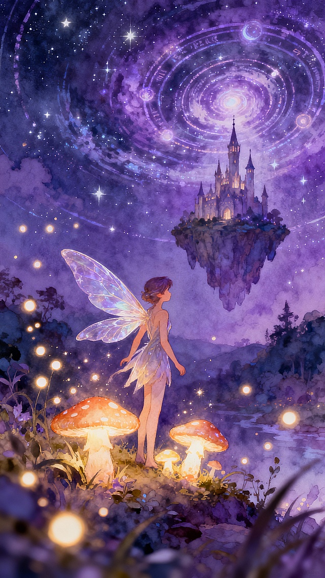 梦幻水彩风插画，精灵仰望浮空城堡，星光与萤火交织，超现实主义营造唯美感与神秘氛围。