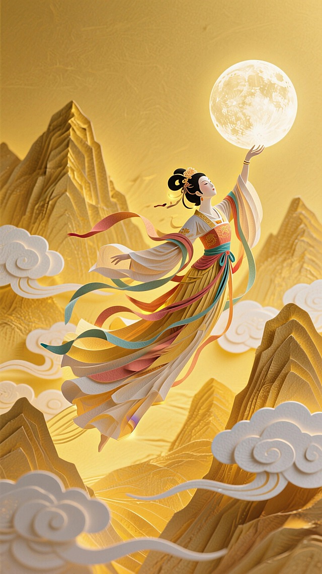 大全景，嫦娥飞天托月（悬浮在空中，裙摆飘逸，飞舞，极致的动态），金色仙境：层峦叠嶂的山脉，白色祥云环绕，黄色背景，背面透光