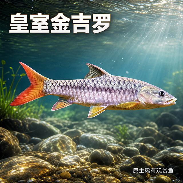 [单张主图] 皇室金吉罗观赏鱼拼多多主图，原生自然高级氛围感路线，突出鱼只本身，原生溪流河水背景，吸引眼球，文字精简不超过3处，1:1正方形。
[画面主体] 皇室金吉罗鱼1条，完整侧身展示，头部朝右，身体横贯画面中部偏中心位置，占画面约60%-65%。保持与输入产品图完全一致的外观：银紫色金属光泽鳞片、清晰菱形鳞片纹理、红橙色尾鳍（尾鳍边缘深红、中部橙黄渐变）、黄色腹鳍和胸鳍、背鳍带深色纹路、头部轮廓和眼睛形态、整体体型比例均与原图一致，不得改变鱼的品种特征和颜色。鱼在水中自然游动姿态，身体舒展，鳞片有细腻金属反光。
[构图版式] 大字场景海报型，鱼主体居中略偏下，上方留空放标题，鱼下方是原生溪流河水背景，鱼身不被文字遮挡关键部位。
[场景元素] 原生热带溪流河水环境，清澈的山溪河流背景，水下视角，背景有模糊的鹅卵石河床、少量水草、透过水面的自然光光束，水底沙石清晰可见，水中有细微气泡和水波纹，阳光从水面斜射下来形成丁达尔光效，营造原生自然真实水下场景。背景做浅景深处理，背景虚化突出鱼主体。画面整体氛围清澈、自然、原生。
[文案版式] 文字极少，仅左上角放主标题"皇室金吉罗"，粗黑体大字，白色带轻微金色描边，醒目但不抢鱼的风头。右下角放一行小字"原生稀有观赏鱼"，字体较小。底部不放价格促销元素。文字均放在画面负空间，不遮挡鱼身主体。文字总量控制在2组以内，保持画面干净。
[光影质感] 自然光从水面上方斜射，鱼身鳞片有真实金属高光和细腻反光，鱼体有立体感，水下光影柔和，有波光粼粼的水纹光影效果，鱼在水中自然真实摄影质感，高清写实，商业摄影级画质。
[配色字体] 主色调为鱼本身的银紫金红，背景为清澈蓝绿色调河水，辅助色为金色和白色文字。字体为粗黑体，字重对比明显，主标题大，辅助文字小。
[比例分辨率] 1:1正方形比例，2K分辨率，文字清晰可辨。
[负向提示词] 鱼变形、鱼品种错误、鳞片模糊、错字、糊字、水印、平台logo、多余文字过多文字遮挡鱼身、背景杂乱、低清晰度、悬浮感、鱼颜色偏差、尾鳍颜色错误、多余人物、多余装饰、卡通风格、手绘感