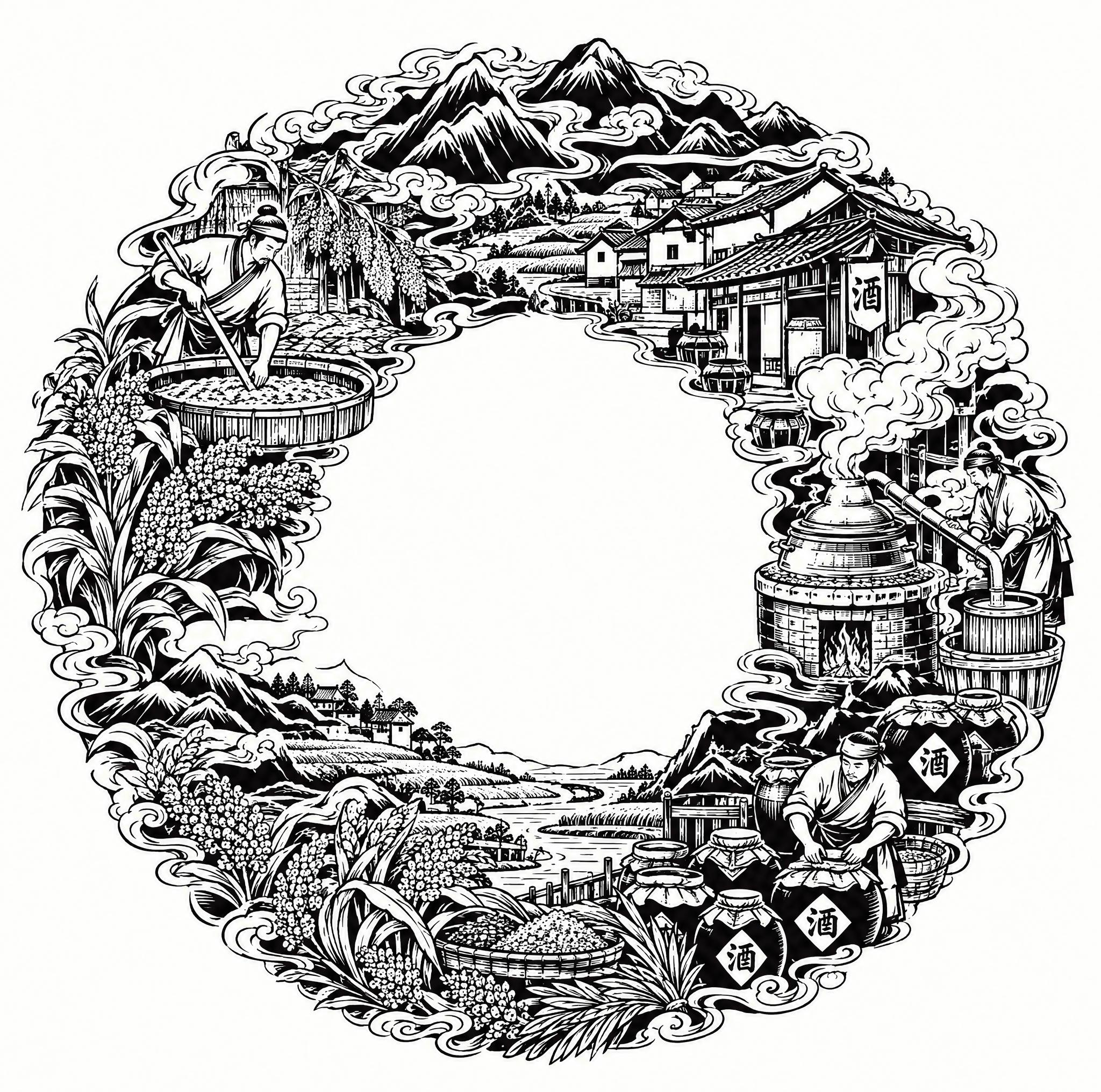 参考图的黑白版画风格、圆形构图、祥云山峦元素、传统民俗插画风格… - 图片创意预览